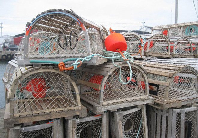 Những bẫy tôm hùm được tập kết ở cầu cảng Glace Bay để chuẩn bị một mùa tôm hùm 