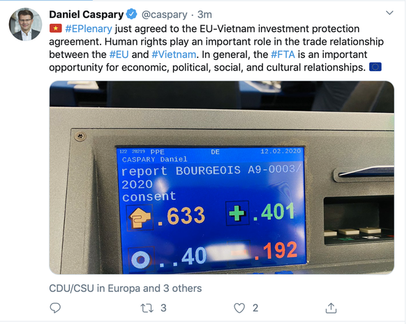 Nghị sĩ Daniel Caspary viết trên Twitter, thông báo về việc EP bỏ phiếu thông qua EVFTA ngày 12-2 - Ảnh chụp màn hình